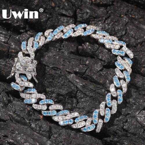 UWIN Men Women Bracelet 8mm Iced Out Silver Color Cuban Link With White &bule Cubic Zirconia Bracelets Jewelry