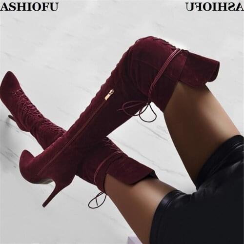 ASHIOFU Handmade Wholesale Ladies High Heel Boots Cross-Straps Party Prom Over Knee Boots Sexy Club Evening Fashion Boots Shoes