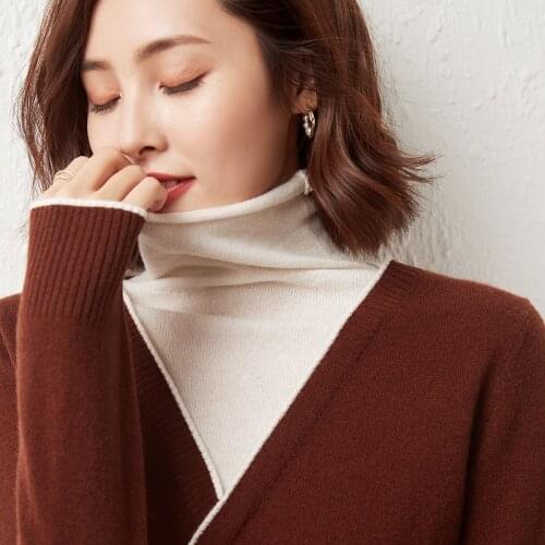 Womens Pullover 100% Wool Sweater New Winter High Collar Casual Jumper Fake Two-Piece Knitted Cashmere Sweater Ladies Tops