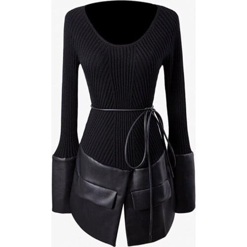 SeeBeautiful PU Stitching Knitting Loose Sweater Pullovers O Neck Long Sleeve Belt New Fashion Spring 2021 Women M469