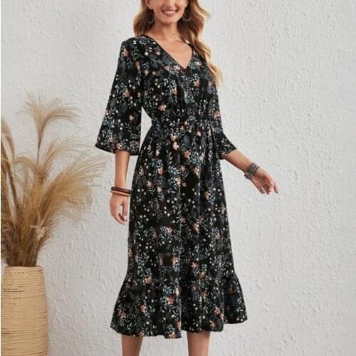 2021 Summer Women Three Quarter Sleeve Chiffon Dress V-neck High Waist Ruffled Large Hem Floral Print Beach Ladies Midi Dresses