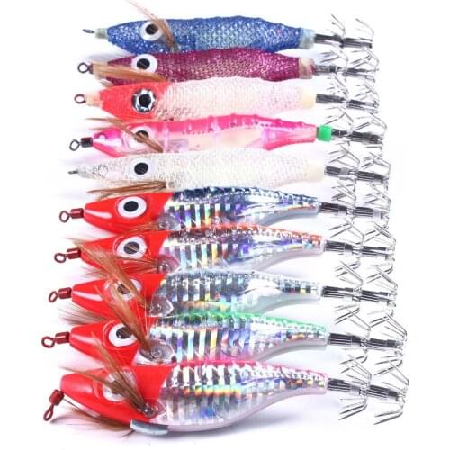 10Pcs Fishing Squid bait Wooden Shrimp jigging Fishing Lures Hook Artificial bait Squid Cuttlefish Jigs Lures with Bag