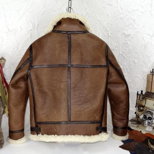 2020 Brown Men Retro Military Style B3 Bomber Shearling Plus Size XXXL Genuine Sheepskin Winter Thick Warm Aviator Coat