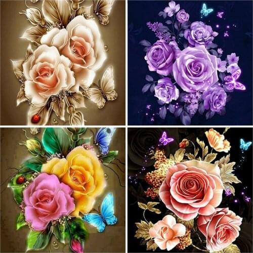 HUACAN 5D Diamond Painting Flower Rose Full Square/Round Diamond Embroidery Butterfly Bedroom Decoration