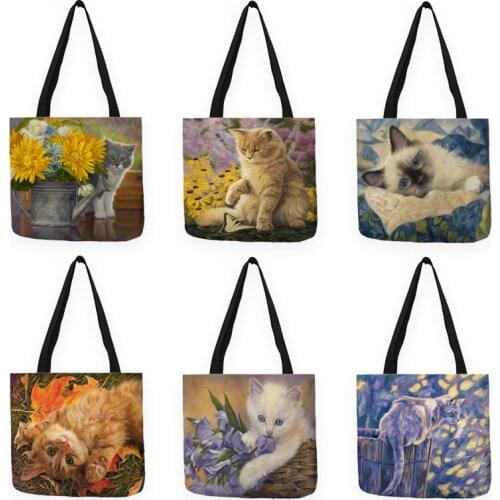 B13034 Cute Cat Oil Painting Print Designer Handbag For Women Lady Shoulder Bags Large Capacity Shopping Bag Totes Reusable
