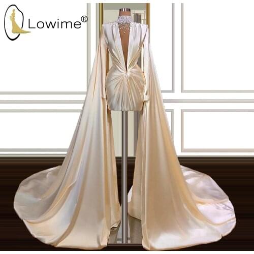 Dubai Long Sleeve Short Evening Dresses High Neck Pearls Arabic Middle East Evening Gowns Wedding Party Dresses