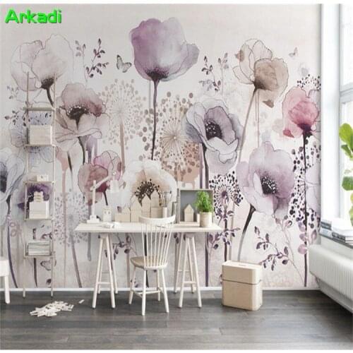 3D Abstract Watercolor Hand Drawn Style Lilac Floral Butterfly Wallpaper Art Deco Photo TV Background Wall Living Room Wallpaper