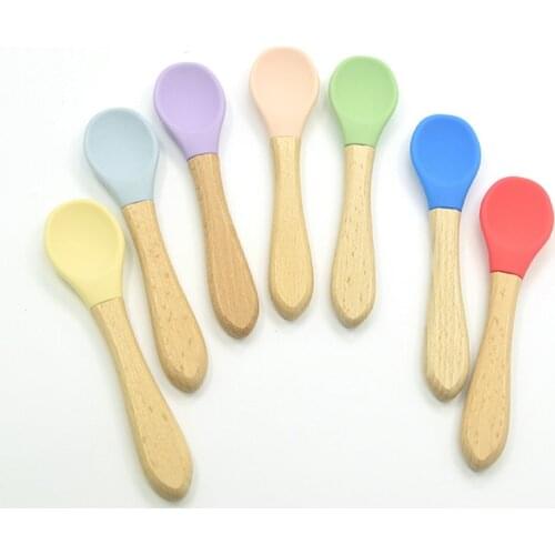 2PCS Baby Bamboo Training Spoons Organic Soft Baby Feeding Silicone Tip Spoon Scoop Easy Grip Handle Toddlers Infant Gifts