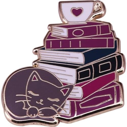 Cat Book Coffee Lovers Brooch Cute Bookworm Literature Jewelry Enjoy The Perfect Company