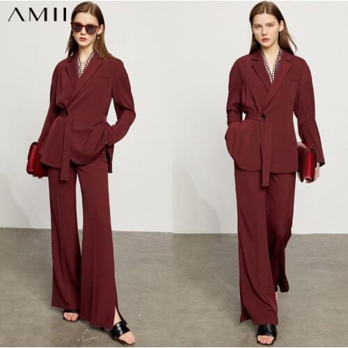 Amii Minimalism Summer Suit Women Blazer Set Fashion Side Bandage Blazers Coat Split Wide Leg Pants Office Lady Suits 12170067