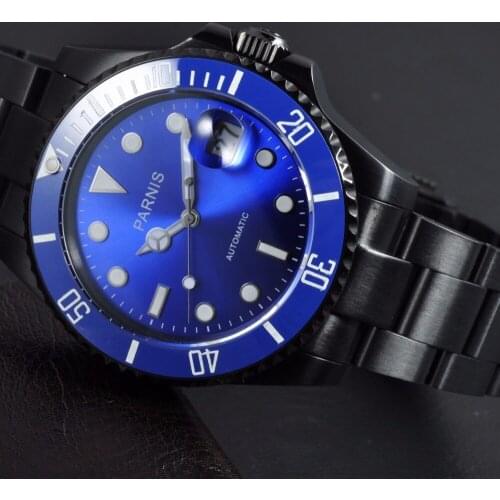 40mm Parnis blue dial ceramics Bezel PVD steel case Automatic Mechanical Luminous Mens Watch