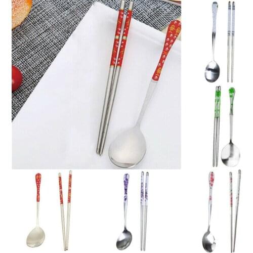 Korean Chinese Stainless Steel Spoon + Chopsticks Sets Reusable Tableware Gift
