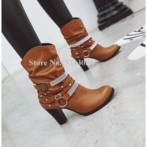 New Crystal Rivets Leather Chunky Heel Women Ankle Boots Fashion Buckle Strap Decor Lady Short Boots Best Design Street Style