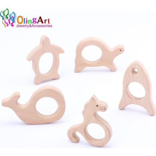 OlingArt 2pcs/lot beech wooden Organic Eco-friendly Wooden childrens jewelry toys Marine Animal Series DIY Baby jewelry making
