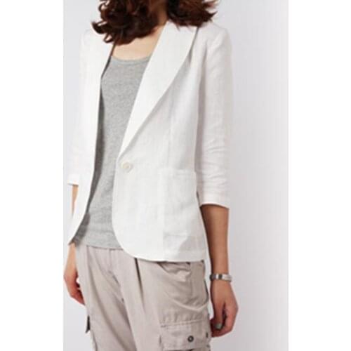 Plus Size White Cotton and Linen Jacket Women blazers Femme Summer Short Slim Three Quarter Sleeve Leisure Coat Office Ladies