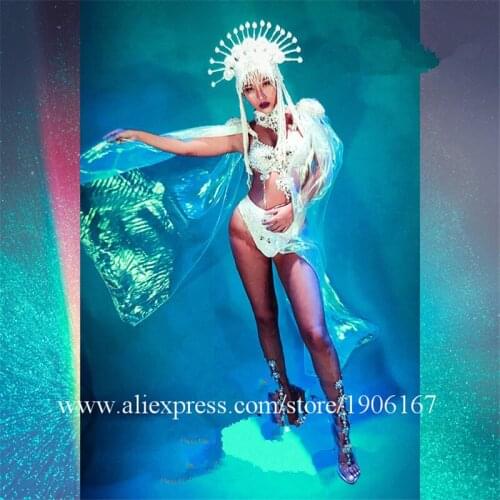 Sexy Lady Pearl Party Evening Dress With Headdress Nightclub Bar Stage Performance Bikini Dance Suit Christmas Ballroom Costume