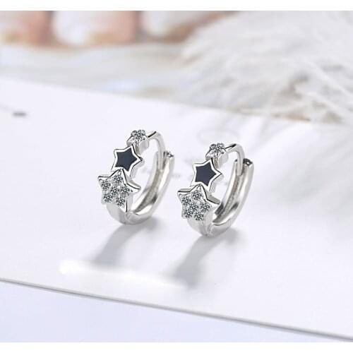 Womens Fashion Simple Lovely Hoop Earrings Black Pentagram Star Crystal Stud Huggie Cute Hoops Tiny Ear Piercing For Lady Girls