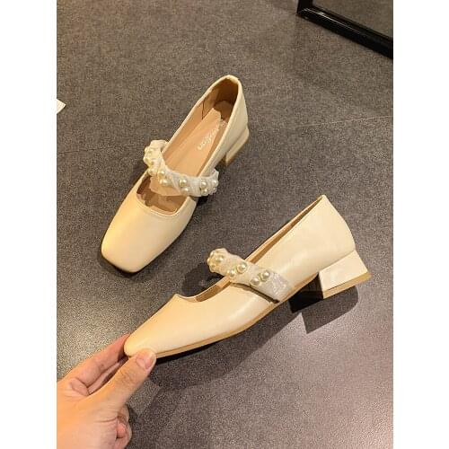 Shoes Womens Pumps 2021 New Spring and Autumn Fashion Pearl Square Toe Shallow Mouth Thick Heel Anti-leather Shoes
