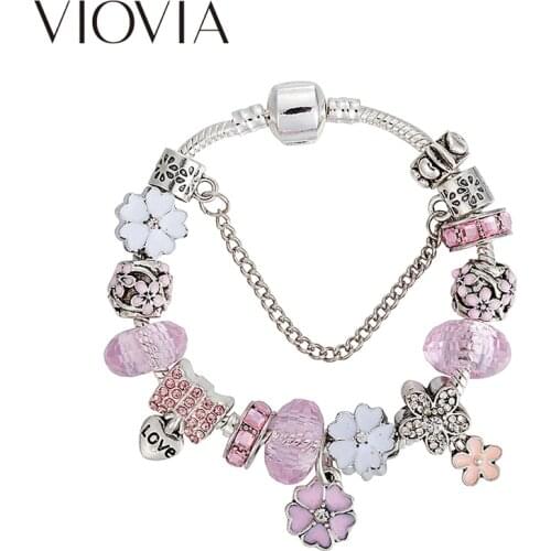 VIOVIA Pink Flower Love Heart Rank Charms Bracelets & Bangle Bracelet with Clear Murano Glass Beads Charm Bracelet Bangle B17136