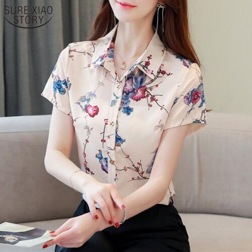 Turn Down Collar Office Lady Silk Shirt Blouse Women Korean Silk Shirts Short Sleeve Printed Vintage Fashion Flower Shirt 10072