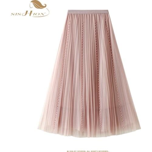 SISHION Black Pink Summer Princess Beaded Tulle Skirts Women Mesh Pleated Saia Female Jupe Tutu Skirts Faldas Mujer VD2077