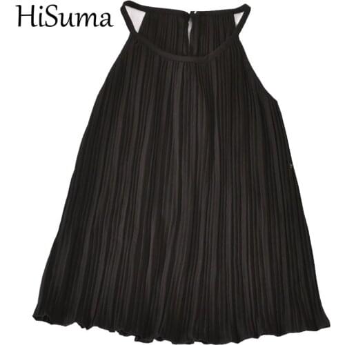 HISUMA 2020 Women Summer Sleeveless Pleated Halter Chiffon Basic Shirt Vintage Lady Elastic Slim High Waist Pullover Blouse Tops