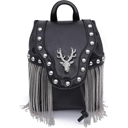 2021 Gothic Rock PU Leather Women Handbag Shoulder Bag Tassel Messenger Bag Women Purse Elk Diamonds Designer HandBag