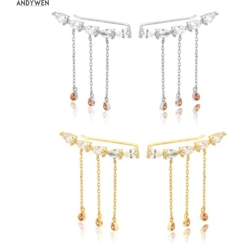 ANDYWEN 925 Sterling Silver Clear Zircon Ovals Champagne Climber Drop Earring Chains Women Fashion Luxury Women Pendiente