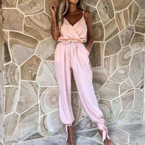 2021 Casual Commute Office Lady V Neck Jumpsuit Summer Sleeveless Solid Lace-Up Romper Women Elegant Sling Backless Playsuit 3XL