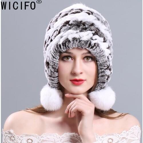 Women Genuine Knitted Rex Rabbit Fur Hats Russian Hat ushanka Natural Stripe Rex Rabbit Fur Caps lady winter Warm Head Wear Free