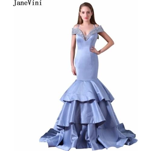 JaneVini Sexy Mermaid Beaded Long Bridesmaid Dresses for Women Off the Shoulder Sheer Back Satin Formal Prom Gowns Sweep Train
