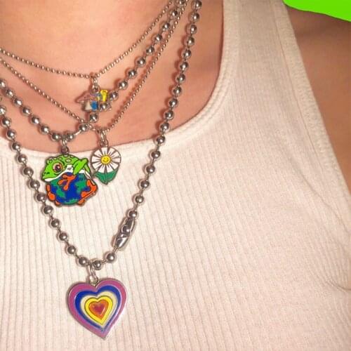 Y2K Rainbow Heart Mushroom Necklace For Women Metal Goth Butterfly Charms Vintage 90s Style Choker Necklace Jewelry Aesthetics