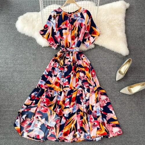 Womens Spring Summer Runway Fashion Short Sleeve Print Dress Female High Waist Chic Travel Beach Dress TB1978