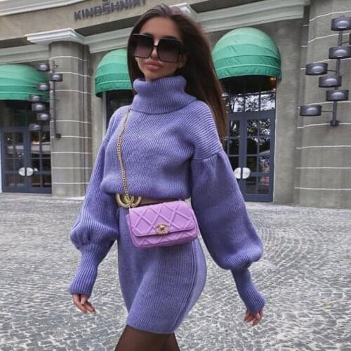 Turtleneck Lantern Sleeve Knitted Sweater Dress Bodycon Knit Dress Women Vintage Autumn Winter Casual Chic Short Warm Dress 2021
