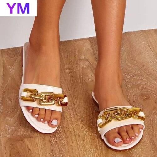 2021 Summer Womens Sandals Flats Metal Chain Ladies Slides Square Toe Plus Size Beach Slip on Female Footwear Zapatillas Mujer