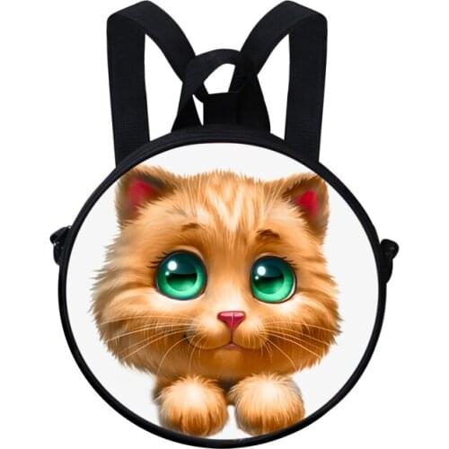 ELVISWORDS Children Bacpack Lady Mini Crossbody Bag Cartoon Cute Cat Print Circle Clock Bag For Women Round Shoulder Pack Purse