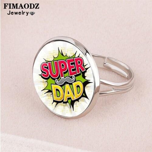 FIMAODZ Super Dad Ring for Men Super Hero I Love Papi Glass Photo Fashion Adjustable Rings Fathers Day Gift Jewelry