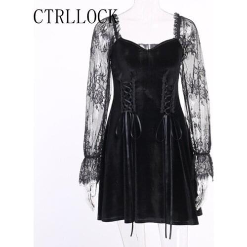 CTRLLOCK Gothic Sweet Women Dress Square Collar Lace Sleeve Patchwork High Waist Dresses New Trend