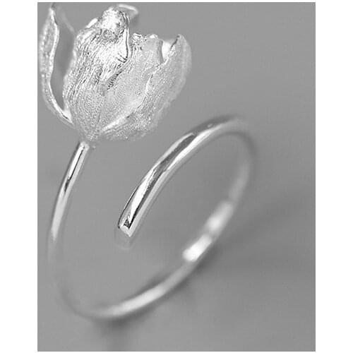 INATURE Elegant 925 Sterling Silver Tulip Flower Open Adjustable Rings For Women