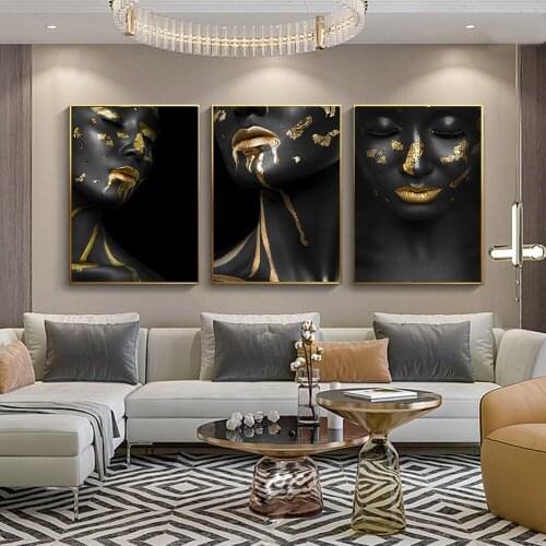 DDWW Wall Art Figure Canvas Painting African Black Golden Woman Lips Portrait Poster Prints Pictures For Living Room Decor
