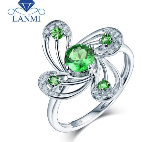 Flower Shape Natural Tsavorite Ring Real 14K White Gold Fine Jewelry Luxury Christmas Best Gift for Mom Wife Birthday