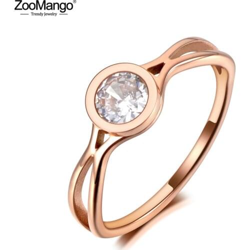 ZooMango Office Style Titanium Stainless Steel Love CZ Crystal Rings Rose Gold Simple Cocktail Party Ring For Women Girl ZR20029