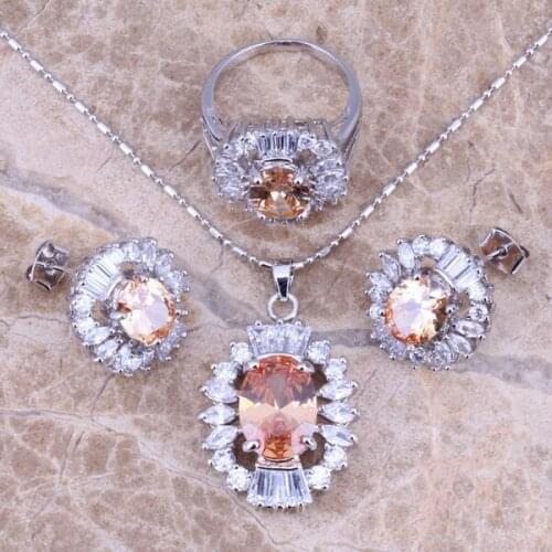 Brown Morganite Silver Plated Jewelry Sets Earrings Pendant Ring Size 5.5 - 8.5 S0068