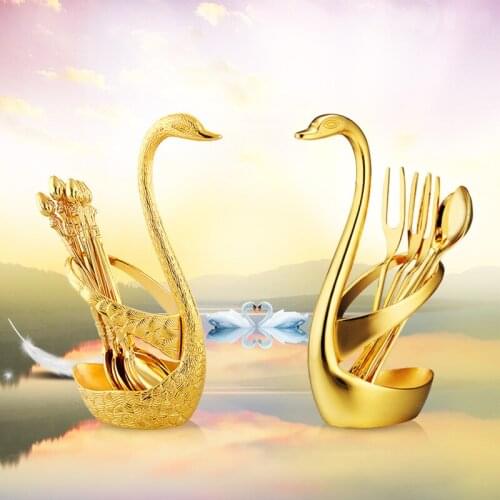 Kitchen Tableware Alloy stainless steel Swan pattern Base Fan Coffee Spoon Fruit Fork Dinnerware Sets