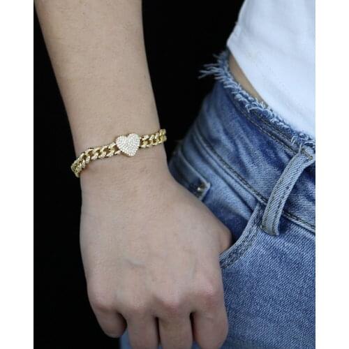 Iced out Women Cuban chain with 5A crystal cz paved Heart charm Bracelet Bangle For Women Lady Hip Hop Jewelry Wholesale