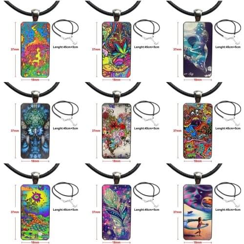 Fashion Glass Cabochon Pendant Rectangle Necklace Choker Necklace Jewelry For Women Gift For Drawing Surreal Color Psychedelic