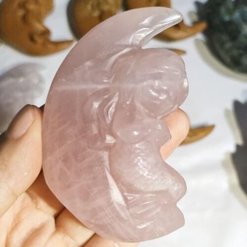 Natural Hand Crafts Rose Quartz Crystal Girl Sitting on the Moon Crystal Carving For Home Decoration