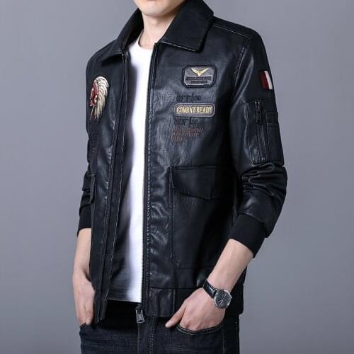 2021 New Spring and autumn Indian embroidery mens leather jacket Air Force pilot PU Leather Motorcycle Jacket