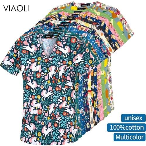 Animal Printing Surgery Clothes Cotton Medical Clothing Medical Scrubs Dental Nursing Uniform Surgical Shirts for Women and Men