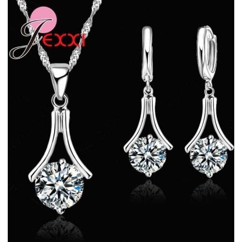 Simple Elegant Style Jewelry Set Real 925 Sterling Silver Drop Necklace Hoop Earring For Women Fine Bijoux Wedding Ceremony Gift